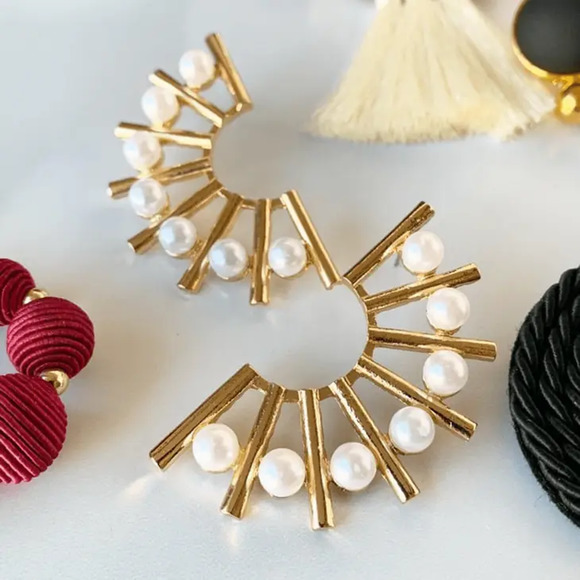 Fiercely Femme Pearl Gold Statement Half Circle Earrings - Picture 2 of 4